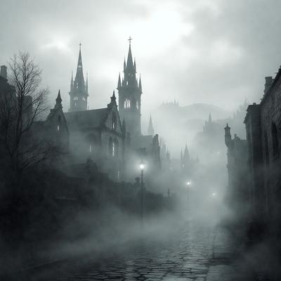 The primary subject of the image is a foggy street with a cobblestone road. The setting is a city with a castle-like building in the background. The visual style is a black and white photo, giving the scene a classic and dramatic atmosphere. The dominant colors are black, white, and gray, creating a moody and mysterious mood.
